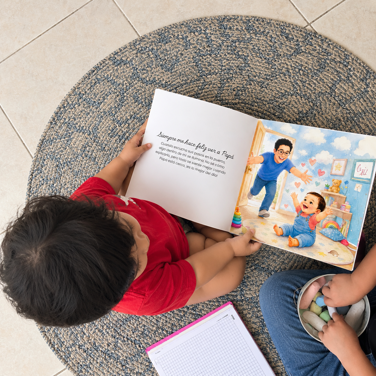 Un niño leyendo su cuento en el tapete de la sala